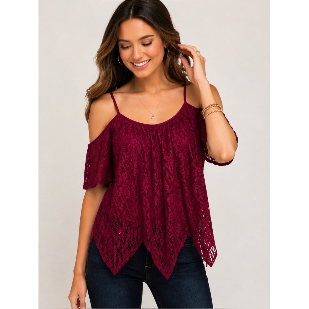 Francesca's Alya Burgundy Lace Cold Shoulder Top Size S Boho